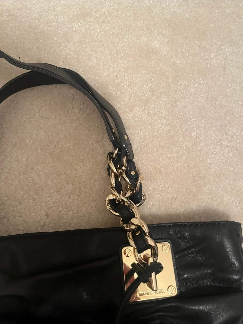 Michael Michael Kors Black Ruched Leather Shoulder Bag with Gold Accents